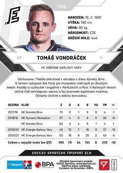 2021-22 SportZoo Tipsport ELH #198 Tomas Vondracek Back