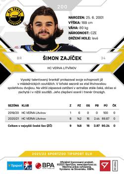 2021-22 SportZoo Tipsport ELH #200 Simon Zajicek Back