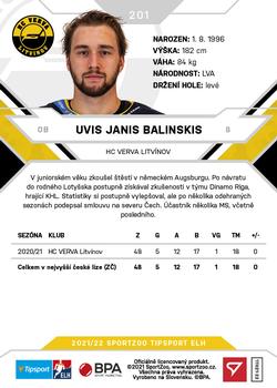 2021-22 SportZoo Tipsport ELH #201 Uvis Balinskis Back