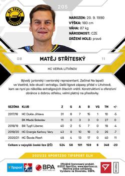 2021-22 SportZoo Tipsport ELH #205 Matej Stritesky Back
