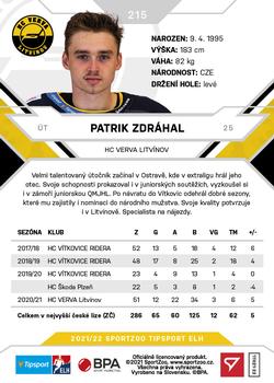 2021-22 SportZoo Tipsport ELH #215 Patrik Zdrahal Back