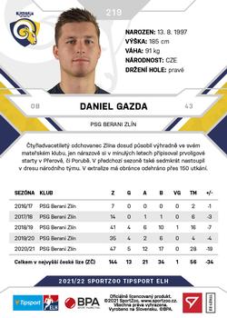 2021-22 SportZoo Tipsport ELH #219 Daniel Gazda Back