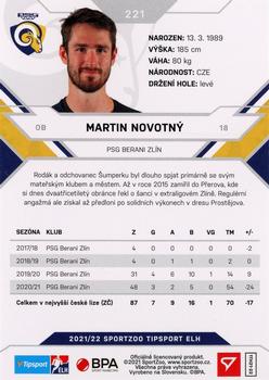 2021-22 SportZoo Tipsport ELH #221 Martin Novotny Back