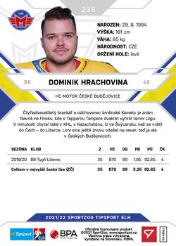 2021-22 SportZoo Tipsport ELH #235 Dominik Hrachovina Back