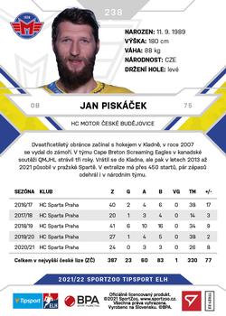 2021-22 SportZoo Tipsport ELH #238 Jan Piskacek Back