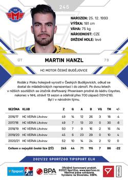 2021-22 SportZoo Tipsport ELH #245 Martin Hanzl Back