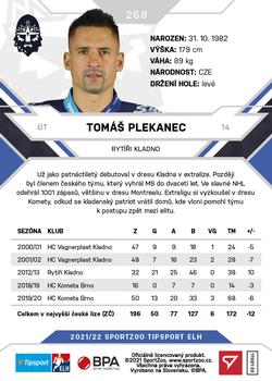 2021-22 SportZoo Tipsport ELH - Promo #268 Tomas Plekanec Back