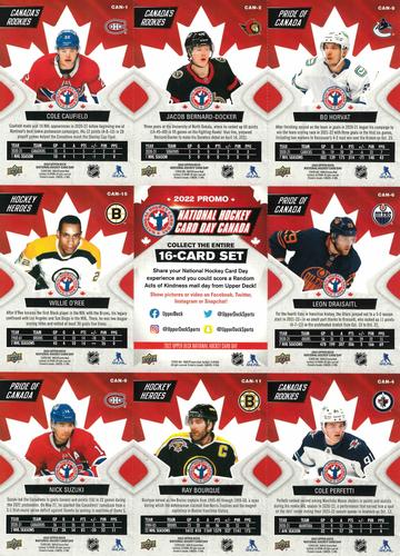 2022 Upper Deck National Hockey Card Day Canada #CAN-1/-2/-4/-6/-8/-9/-11/-15/NNO Bo Horvat / Jacob Bernard-Docker / Cole Caufield / Leon Draisaitl / Checklist / Willie O'Ree / Cole Perfetti / Ray Bourque / Nick Suzuki Back