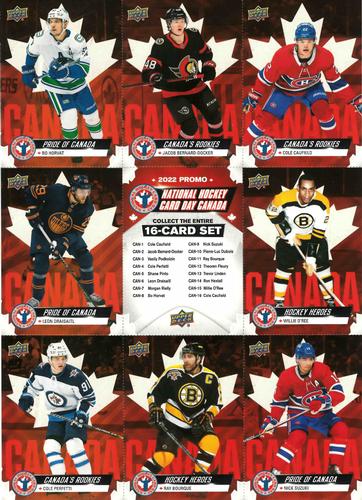 2022 Upper Deck National Hockey Card Day Canada #CAN-1/-2/-4/-6/-8/-9/-11/-15/NNO Bo Horvat / Jacob Bernard-Docker / Cole Caufield / Leon Draisaitl / Checklist / Willie O'Ree / Cole Perfetti / Ray Bourque / Nick Suzuki Front