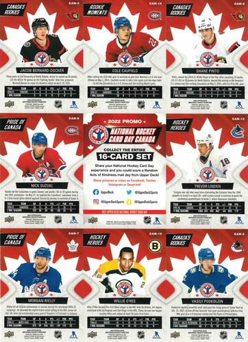 2022 Upper Deck National Hockey Card Day Canada - Sheets #CAN-2/-3/-5/-7/-9/-13/-15/-16/NNO Shane Pinto / Cole Caufield / Jacob Bernard-Docker / Trevor Linden / Checklist / Nick Suzuki / Vasily Podkolzin / Willie O'Ree / Morgan Rielly Back