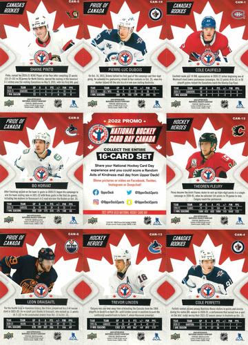 2022 Upper Deck National Hockey Card Day Canada - Sheets #CAN-1/-4/-5/-6/-8/-10/-12/-13/NNO Cole Caufield / Pierre-Luc Dubois / Shane Pinto / Theoren Fleury / Checklist / Bo Horvat / Cole Perfetti / Trevor Linden / Leon Draisaitl Back