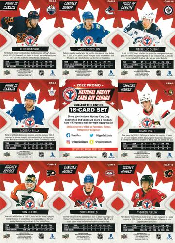2022 Upper Deck National Hockey Card Day Canada - Sheets #CAN-1/-3/-5/-6/-7/-10/-12/-14/NNO Pierre-Luc Dubois / Vasily Podkolzin / Leon Draisaitl / Shane Pinto / Checklist / Morgan Rielly / Theoren Fleury / Cole Caufield / Ron Hextall Back