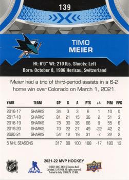 2021-22 Upper Deck MVP - Blue #139 Timo Meier Back
