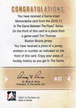 2015-16 In The Game Final Vault - 2010-11 In The Game Between The Pipes Jerseys Black (Gold Vault Stamp) #M-65 Tim Thomas Back