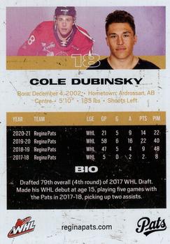 2021-22 Regina Pats (WHL) #5 Cole Dubinsky Back