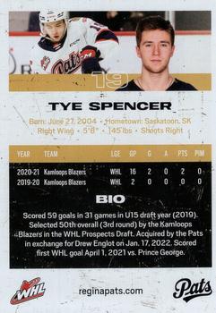 2021-22 Regina Pats (WHL) #6 Tye Spencer Back