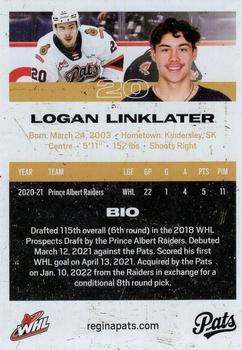 2021-22 Regina Pats (WHL) #7 Logan Linklater Back
