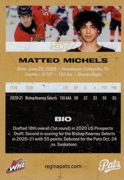 2021-22 Regina Pats (WHL) #22 Matteo Michels Back