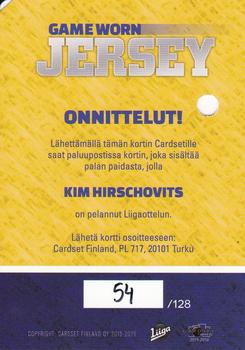2015-16 Cardset Finland - Game Worn Jersey Series 1 Redemption #NNO Kim Hirschovits Back