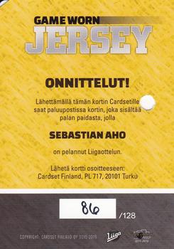 2015-16 Cardset Finland - Game Worn Jersey Series 1 Redemption #NNO Sebastian Aho Back