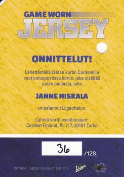 2015-16 Cardset Finland - Game Worn Jersey Series 1 Redemption #NNO Janne Niskala Back