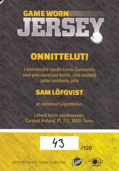 2015-16 Cardset Finland - Game Worn Jersey Series 1 Redemption #NNO Sam Löfqvist Back