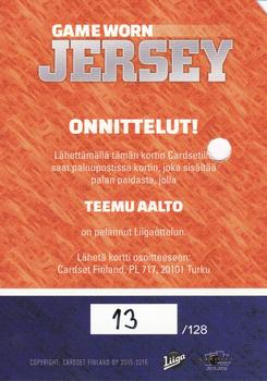 2015-16 Cardset Finland - Game Worn Jersey Series 1 Redemption #NNO Teemu Aalto Back