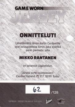 2015-16 Cardset Finland - Game Worn Jersey Series 1 Redemption #NNO Mikko Rantanen Back