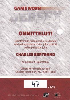 2015-16 Cardset Finland - Game Worn Jersey Series 2 Redemption #NNO Charles Bertrand Back