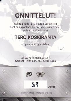 2015-16 Cardset Finland - Patch Series 1 Redemption #NNO Tero Koskiranta Back