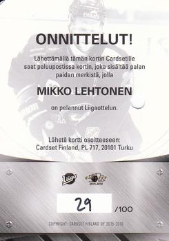 2015-16 Cardset Finland - Patch Series 2 Redemption #NNO Mikko Lehtonen Back