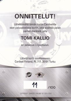 2015-16 Cardset Finland - Patch Series 2 Redemption #NNO Tomi Kallio Back