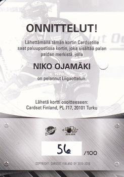 2015-16 Cardset Finland - Patch Series 2 Redemption #NNO Niko Ojamäki Back