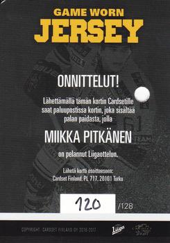 2016-17 Cardset Finland - Game Worn Jersey Series 2 Redemption #GWJ2 Miikka Pitkänen Back