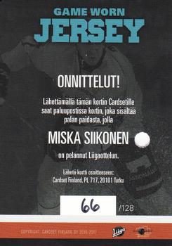2016-17 Cardset Finland - Game Worn Jersey Series 2 Redemption #GWJ4 Miska Siikonen Back
