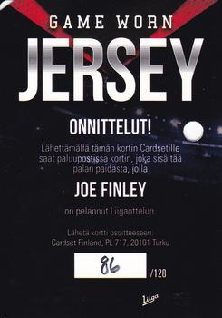 2017-18 Cardset Finland - Game Worn Jersey Redemptions (Series One) #NNO Joe Finley Back