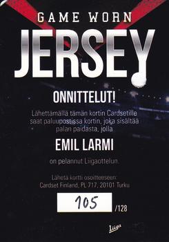 2017-18 Cardset Finland - Game Worn Jersey Redemptions (Series One) #NNO Emil Larmi Back