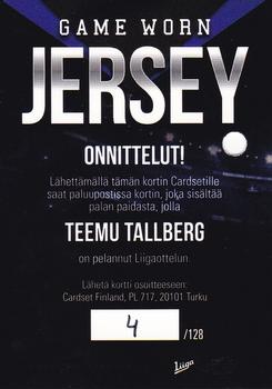 2017-18 Cardset Finland - Game Worn Jersey Redemptions (Series One) #NNO Teemu Tallberg Back