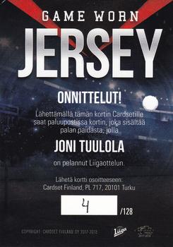 2017-18 Cardset Finland - Game Worn Jersey Redemptions (Series Two) #NNO Joni Tuulola Back