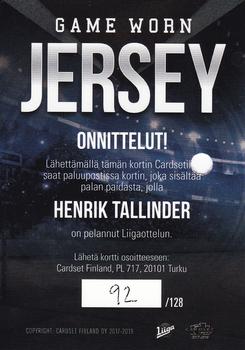 2017-18 Cardset Finland - Game Worn Jersey Redemptions (Series Two) #NNO Henrik Tallinder Back