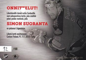 2017-18 Cardset Finland - Game Worn Patch Redemptions (Series Two) #NNO Simon Suoranta Back