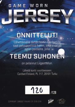 2018-19 Cardset Finland - Game Worn Jersey Series 1 Redemption #GWJ2 Teemu Suhonen Back