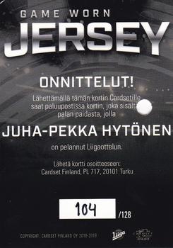 2018-19 Cardset Finland - Game Worn Jersey Series 1 Redemption #GWJ3 Juha-Pekka Hytönen Back
