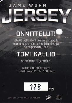 2018-19 Cardset Finland - Game Worn Jersey Series 1 Redemption #GWJ7 Tomi Kallio Back