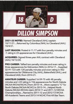 2021-22 Cleveland Monsters (AHL) #NNO Dillon Simpson Back