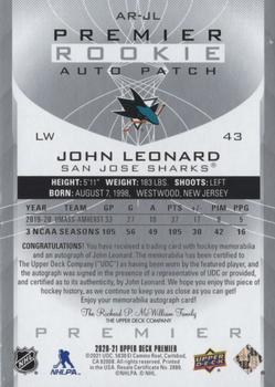 2020-21 Upper Deck Premier - Acetate Rookie Auto Patch #AR-JL John Leonard Back