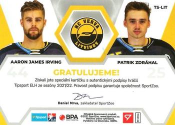 2021-22 SportZoo Tipsport ELH - Team Power Autographs #TS-LIT Aaron Irving / Patrik Zdrahal Back