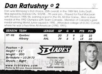 1998-99 Kansas City Blades (IHL) #3 Dan Ratushny Back