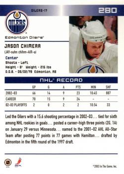 2003-04 ITG Action 2003 Heritage Classic Edmonton Oilers #280 Jason Chimera Back