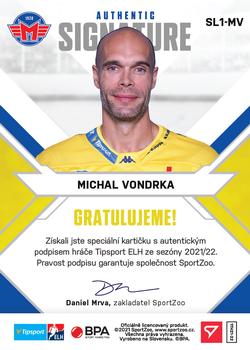 2021-22 SportZoo Tipsport ELH - Signed Stars Level 1 #SL1-MV Michal Vondrka Back